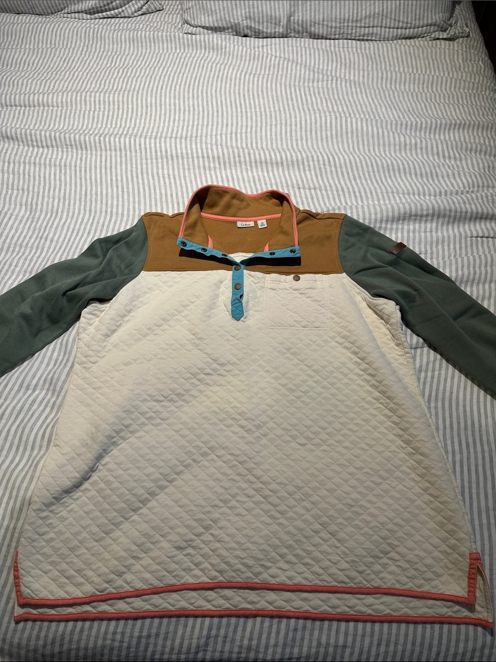 L.L. Bean Ivory Quilted Pullover with Green Sleeves and Brown Yoke
